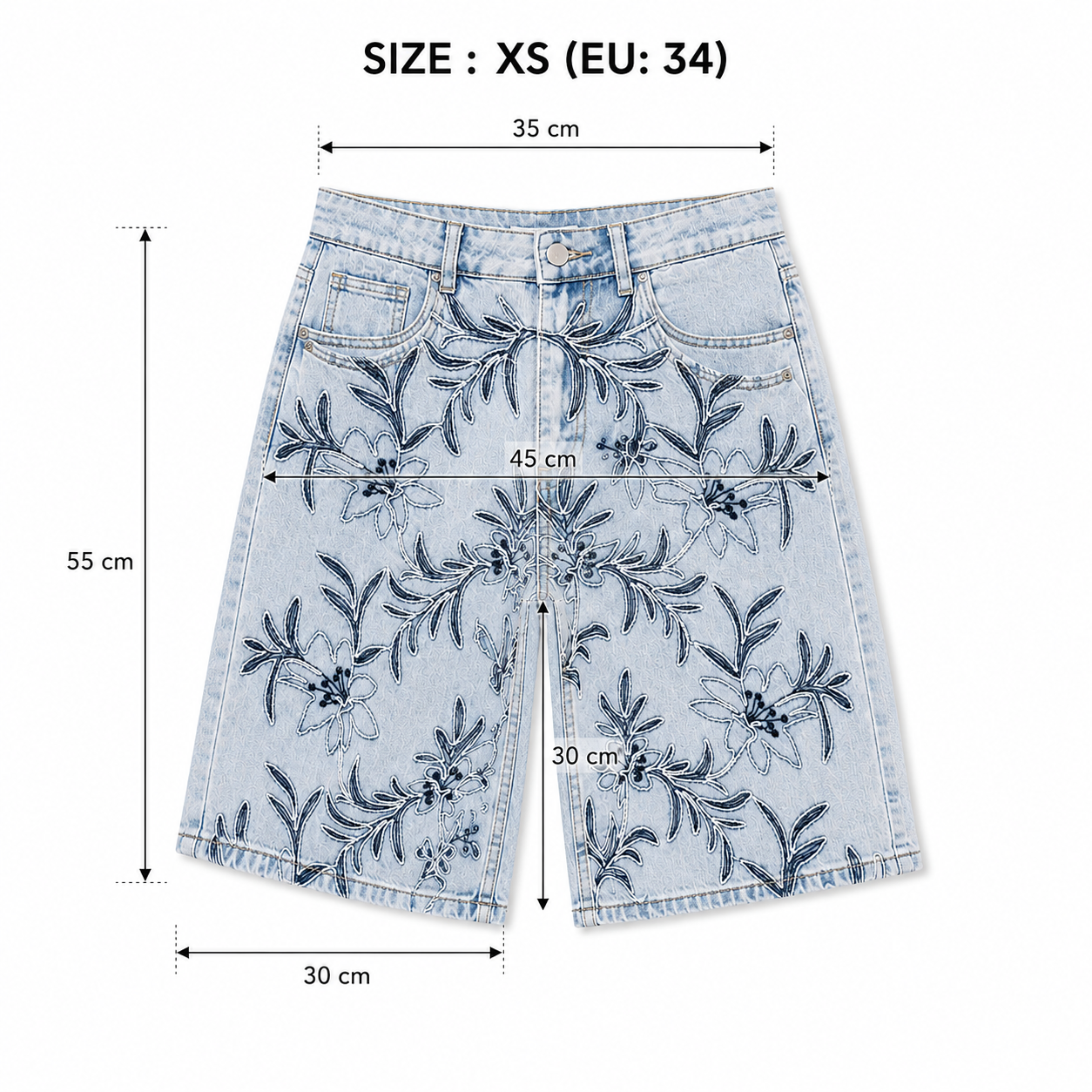 Short Bermuda Jean Brodé Fleuri Bleu Clair Coupe Oversize Femme