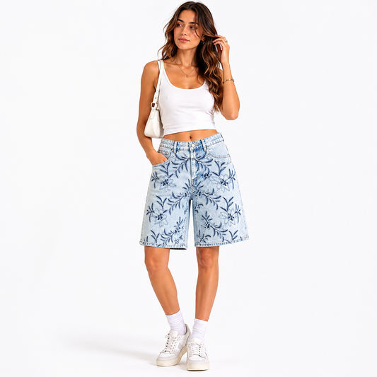Short Bermuda Jean Brodé Fleuri Bleu Clair Coupe Oversize Femme