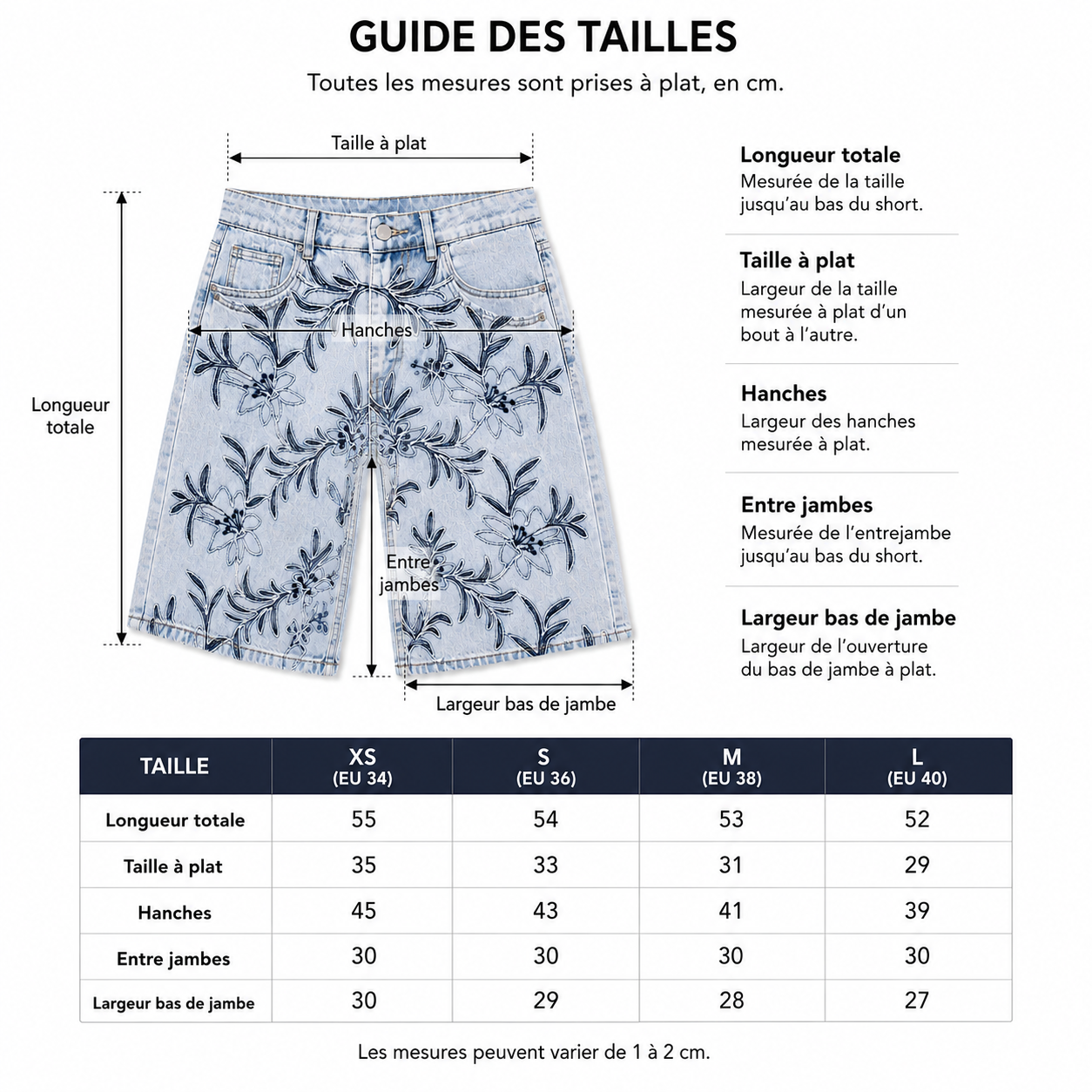 Short Bermuda Jean Brodé Fleuri Bleu Clair Coupe Oversize Femme