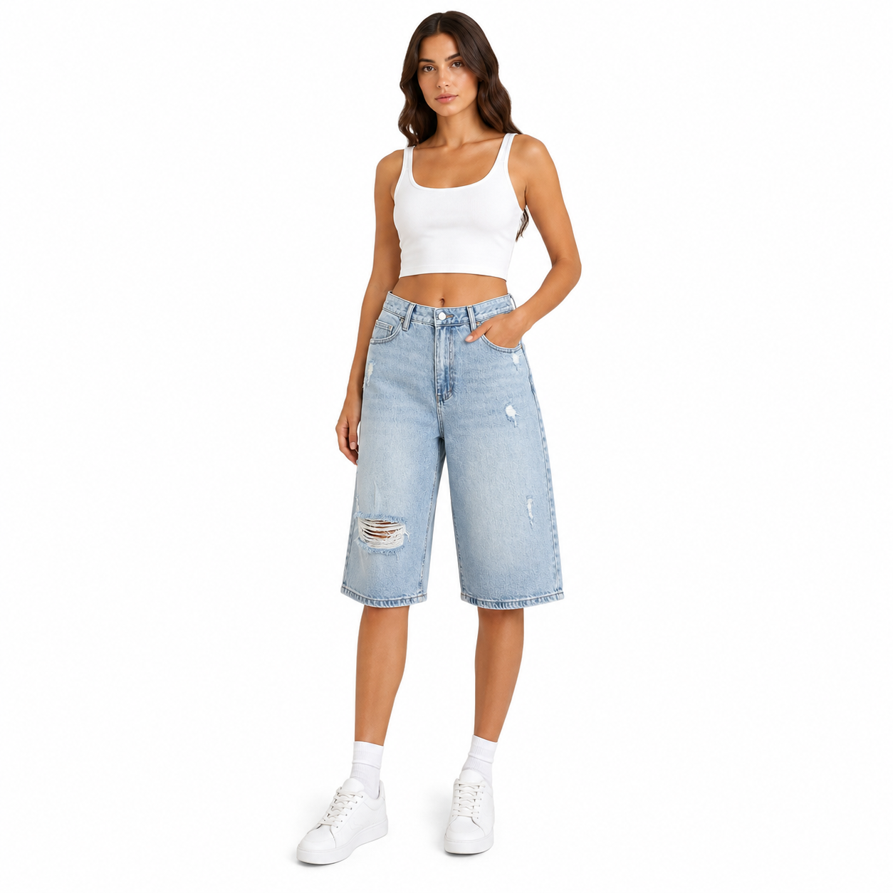 Short Bermuda Jean Oversize Déchiré Bleu Clair Femme