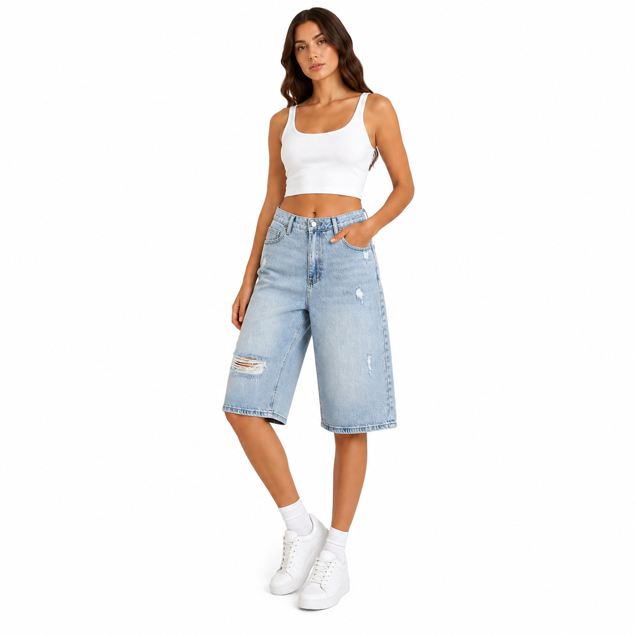 Short Bermuda Jean Oversize Déchiré Bleu Clair Femme