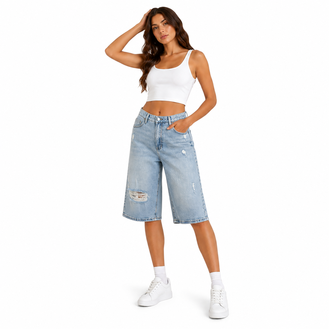 Short Bermuda Jean Oversize Déchiré Bleu Clair Femme