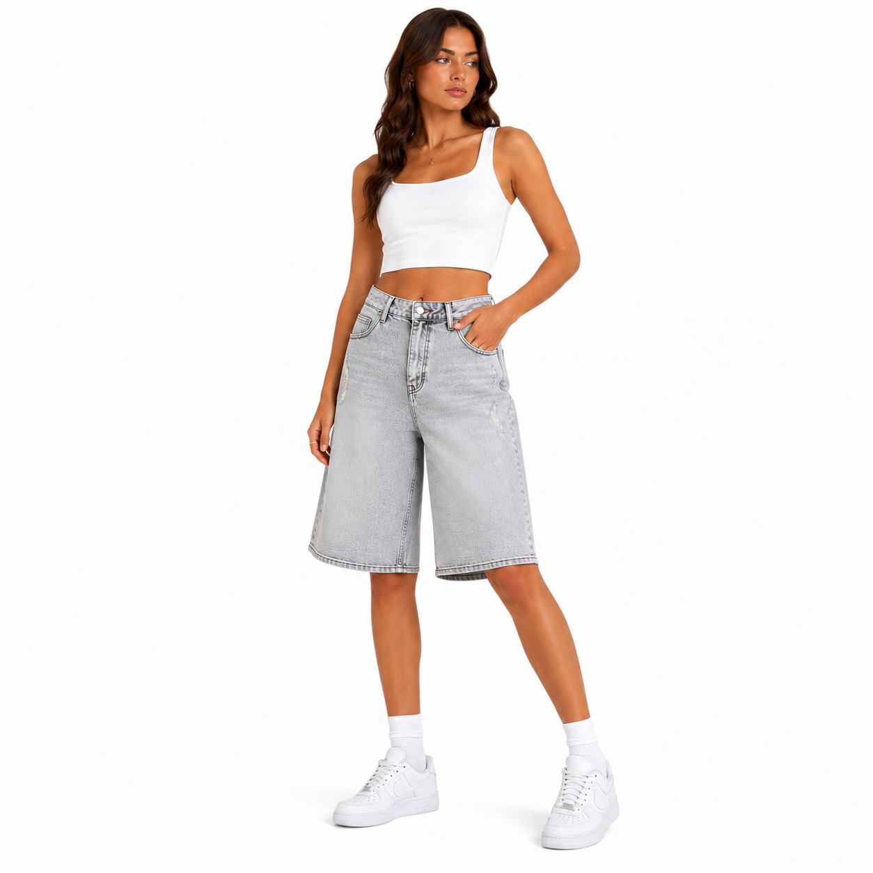 Short Bermuda Jean Gris Oversize Femme Coupe Large