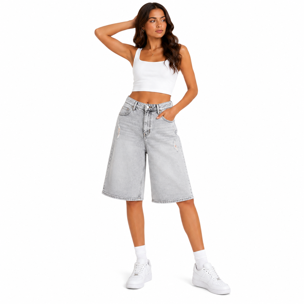 Short Bermuda Jean Gris Oversize Femme Coupe Large