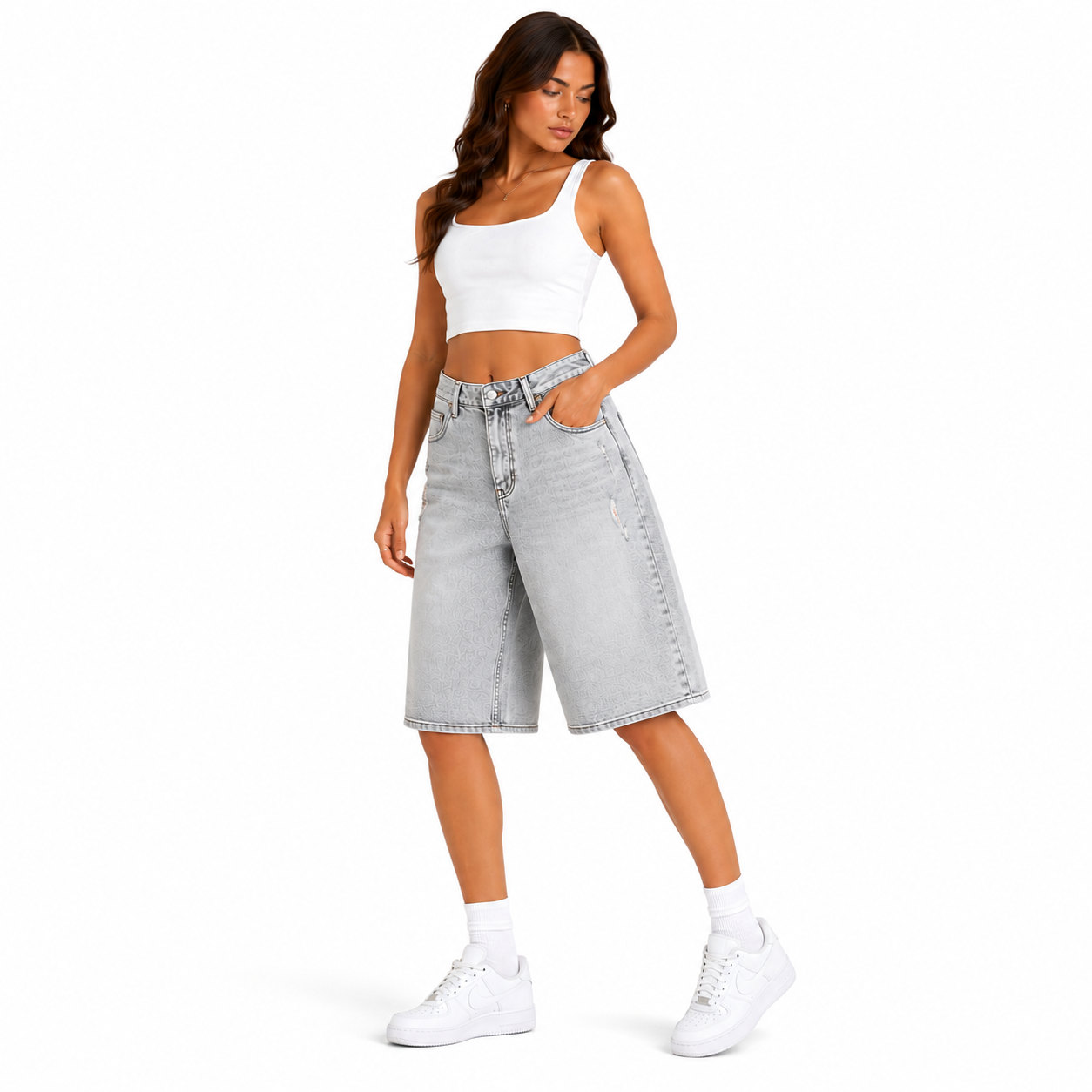 Short Bermuda Jean Gris Oversize Femme Coupe Large