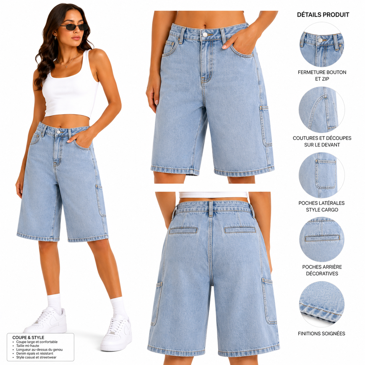 Short Bermuda Jean Cargo Bleu Clair Oversize Femme