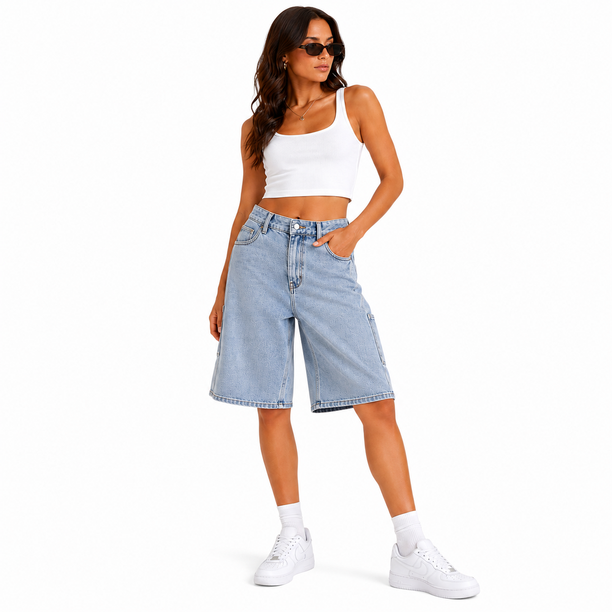 Short Bermuda Jean Cargo Bleu Clair Oversize Femme