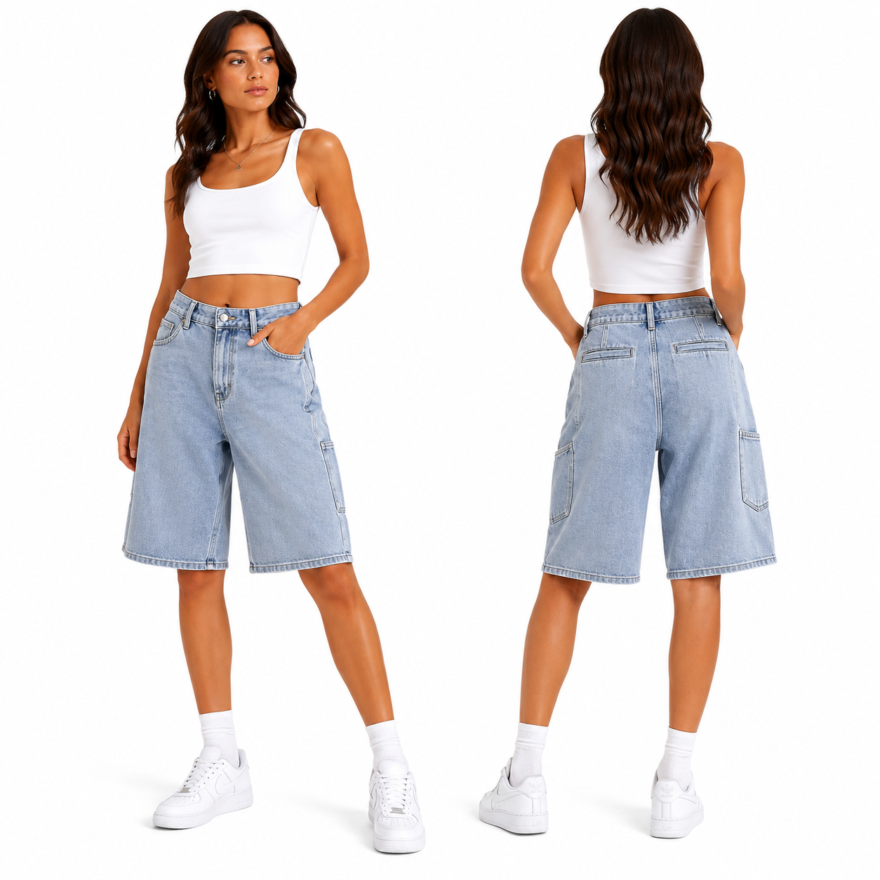 Short Bermuda Jean Cargo Bleu Clair Oversize Femme