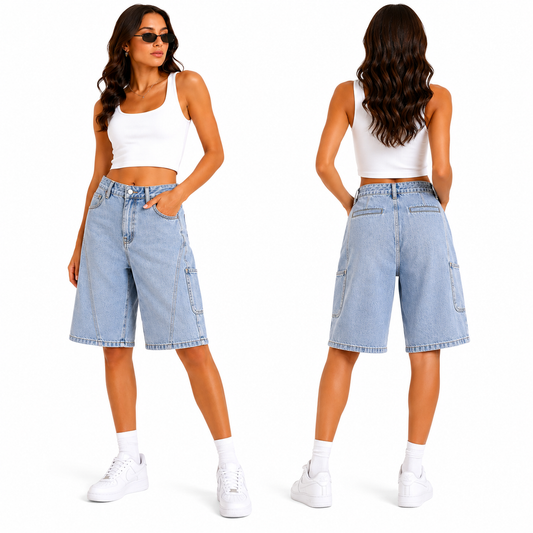 Short Bermuda Jean Cargo Bleu Clair Oversize Femme