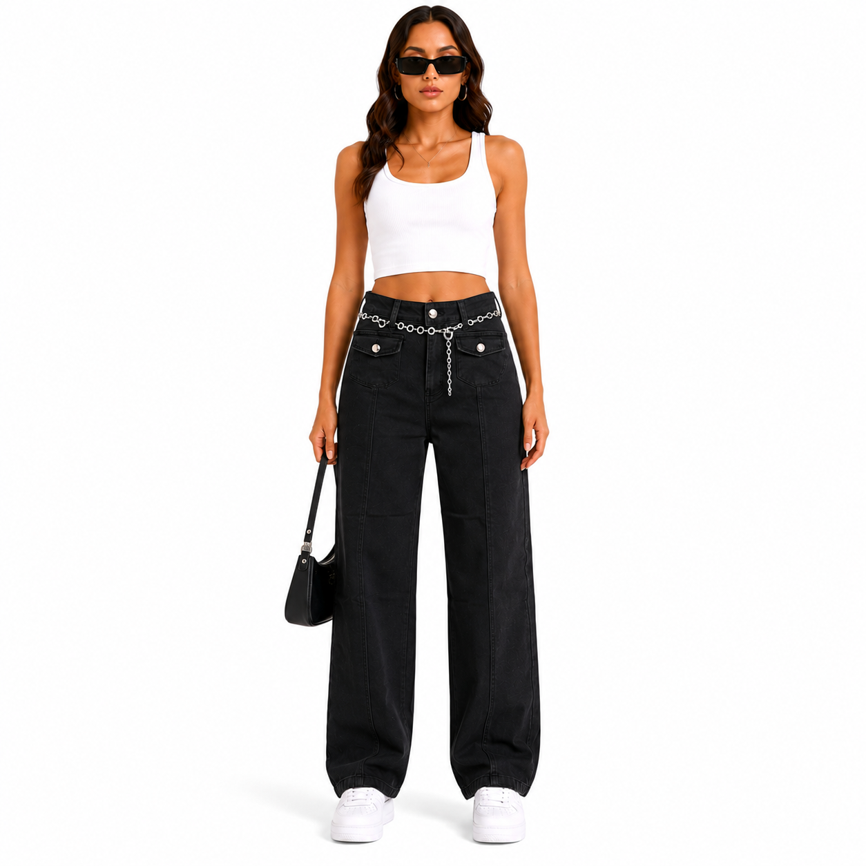 Jean Wide Leg Beige Chaîne Strass Femme Coupe Large
