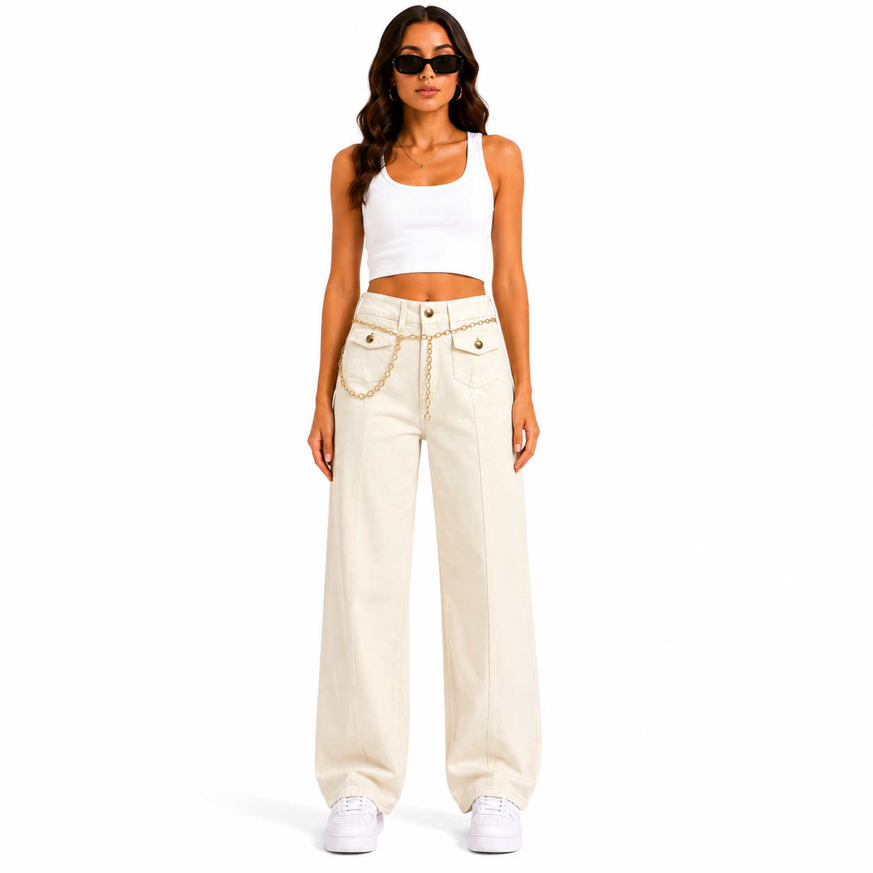 Jean Wide Leg Beige Chaîne Strass Femme Coupe Large