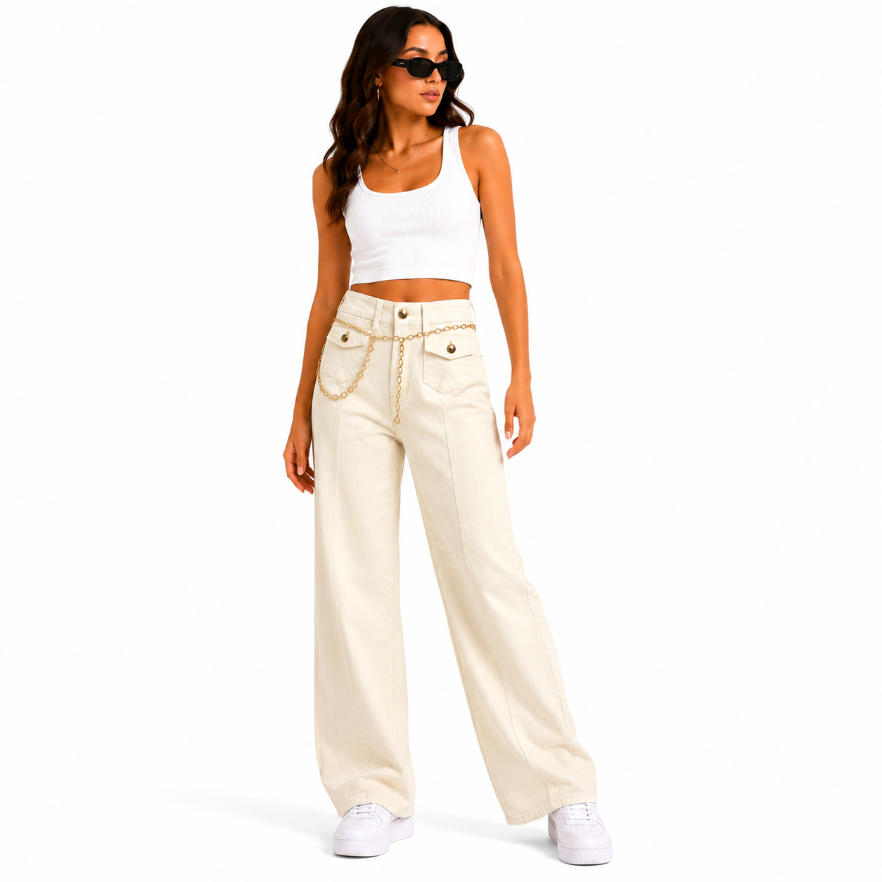 Jean Wide Leg Beige Chaîne Strass Femme Coupe Large