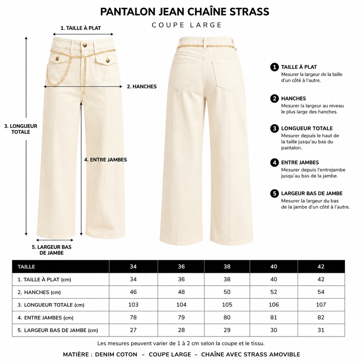 Jean Wide Leg Beige Chaîne Strass Femme Coupe Large