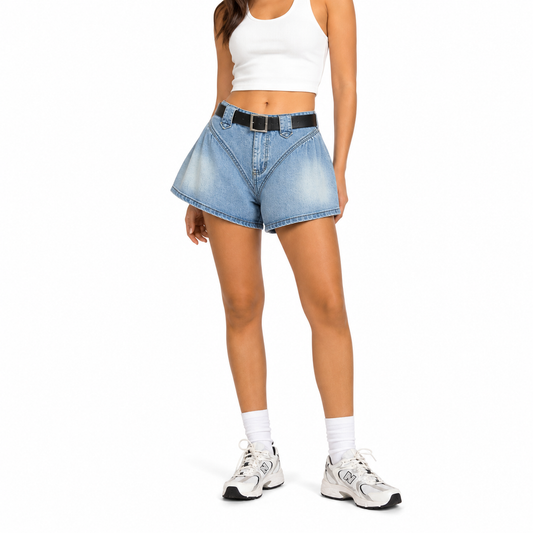 Short en jean oversize femme taille haute avec ceinture – Coupe ballon denim bleu clair