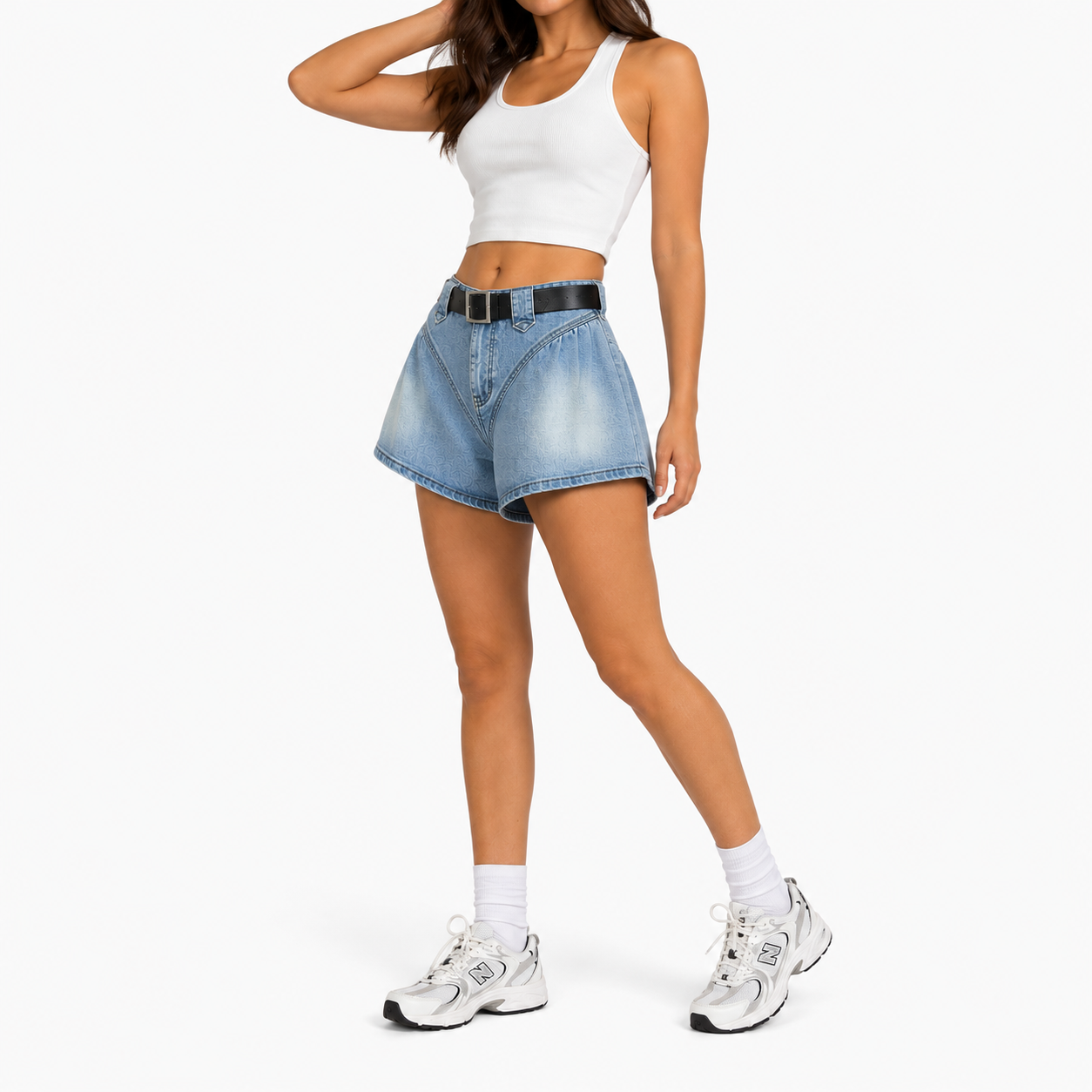 Short en jean oversize femme taille haute avec ceinture – Coupe ballon denim bleu clair