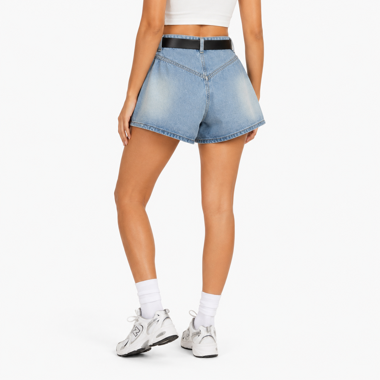 Short en jean oversize femme taille haute avec ceinture – Coupe ballon denim bleu clair