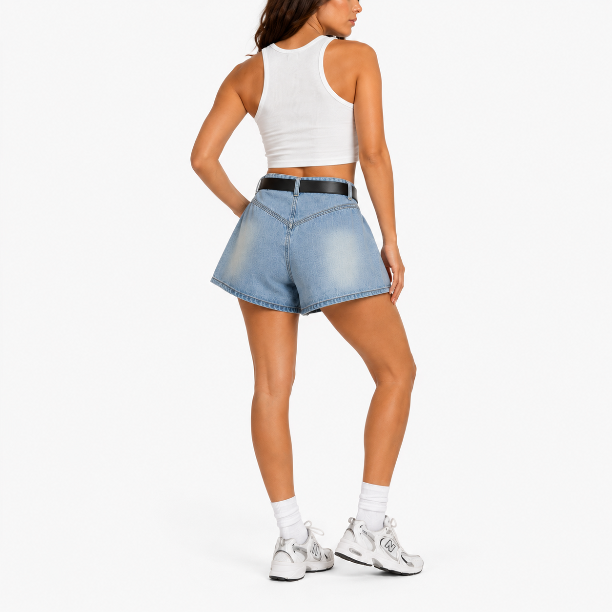 Short en jean oversize femme taille haute avec ceinture – Coupe ballon denim bleu clair