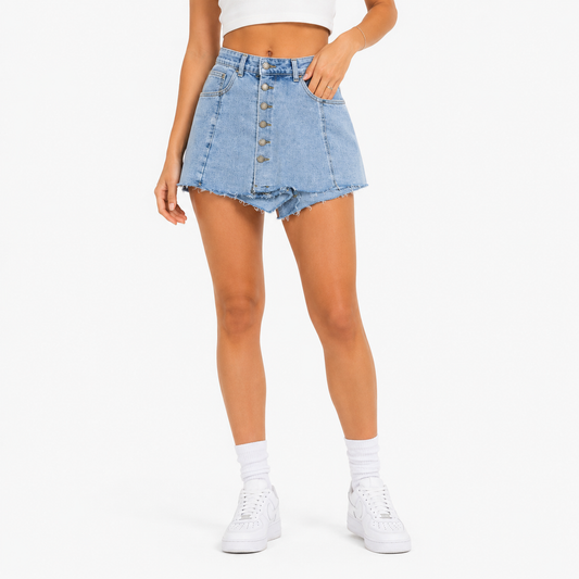 Short jupe en jean femme taille haute boutonné – Effet mini jupe denim bleu clair
