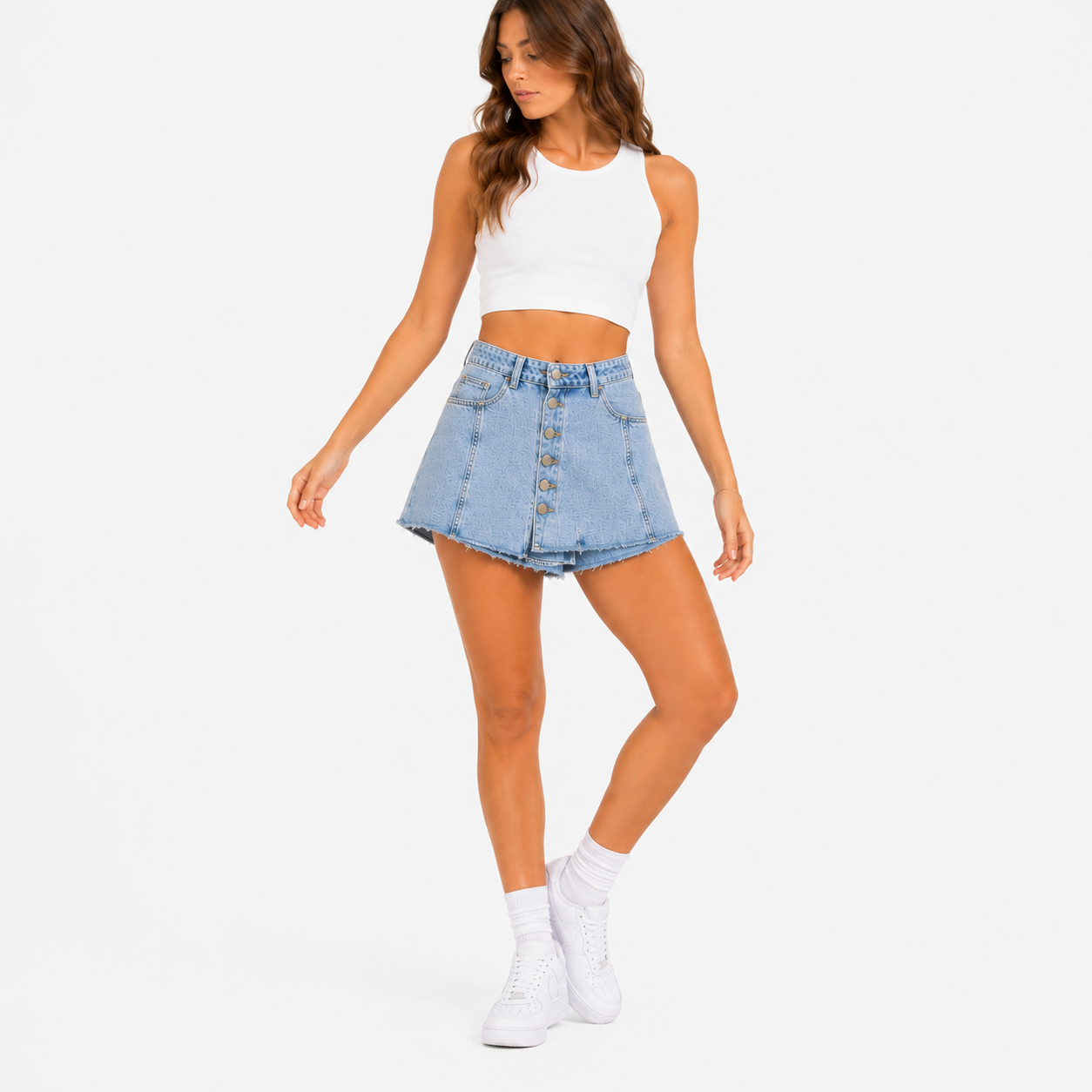 Short jupe en jean femme taille haute boutonné – Effet mini jupe denim bleu clair