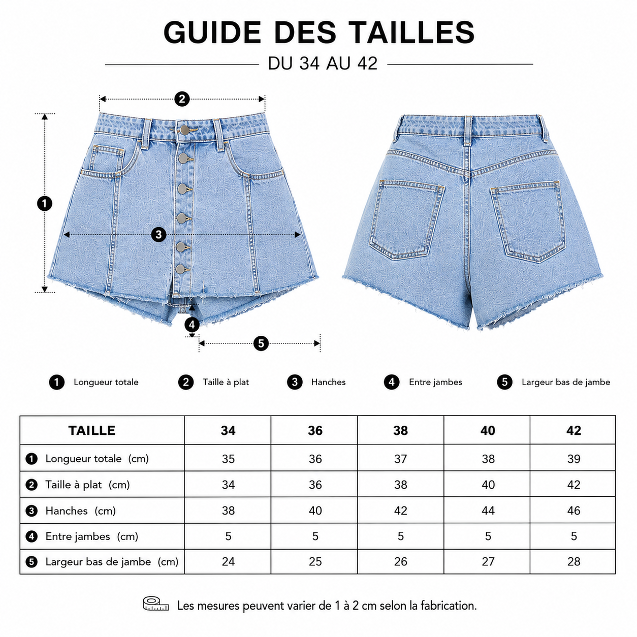 Short jupe en jean femme taille haute boutonné – Effet mini jupe denim bleu clair