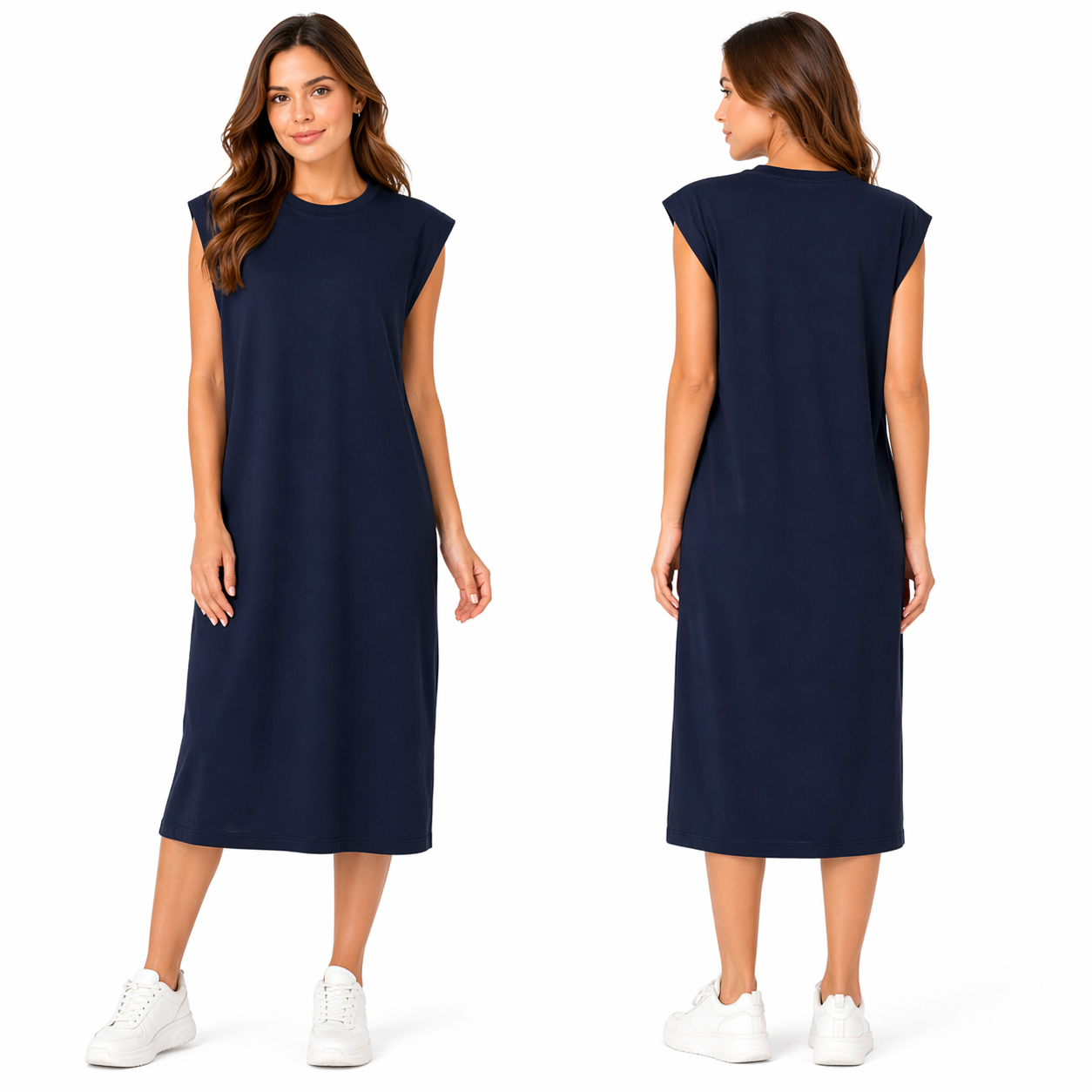 Robe Mi-Longue à Manches Courtes – Multicolore