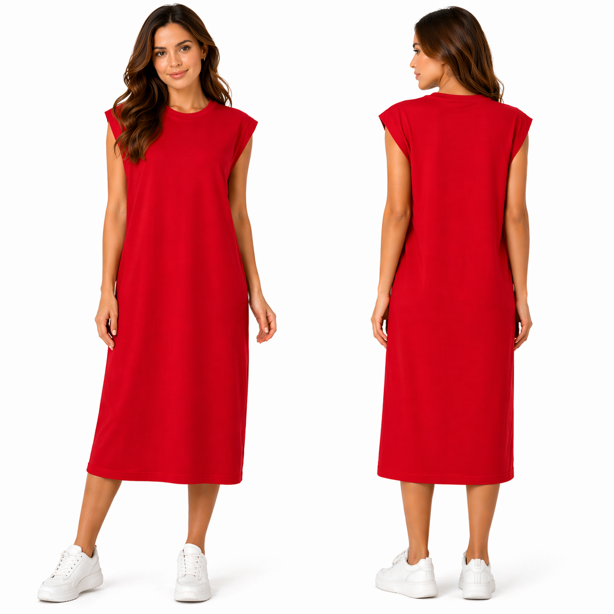 Robe Mi-Longue à Manches Courtes – Multicolore