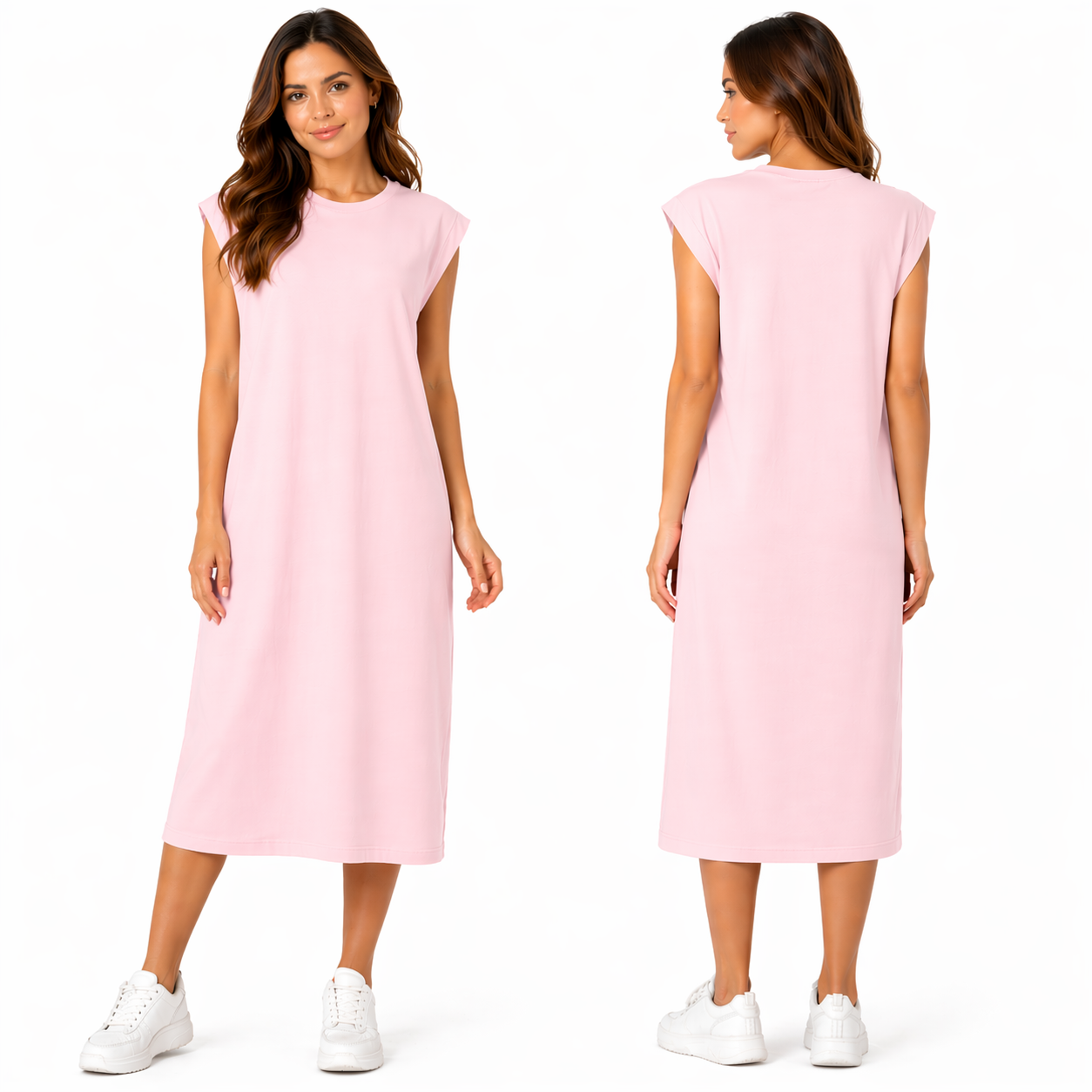 Robe Mi-Longue à Manches Courtes – Multicolore