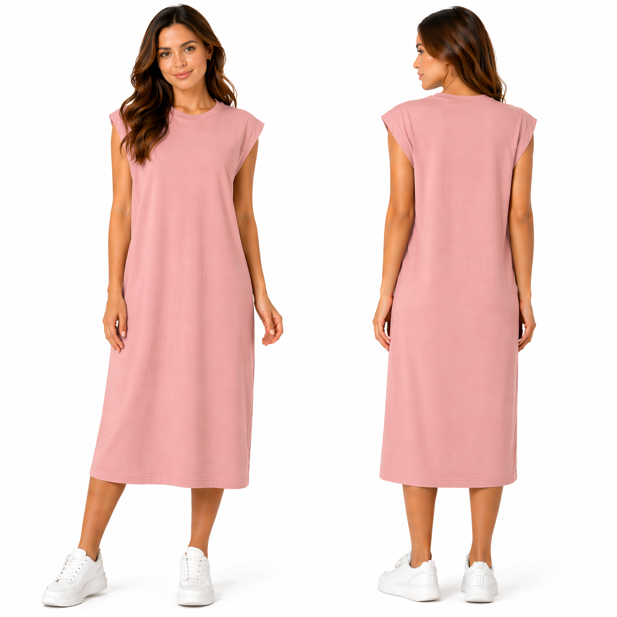 Robe Mi-Longue à Manches Courtes – Multicolore