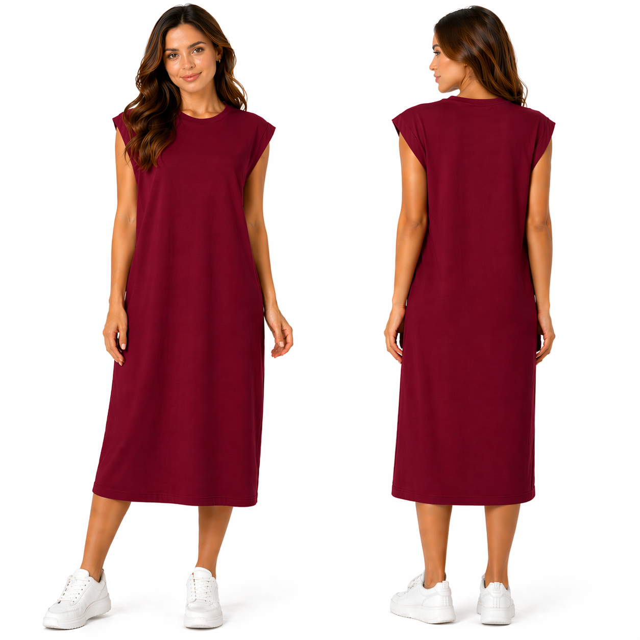Robe Mi-Longue à Manches Courtes – Multicolore