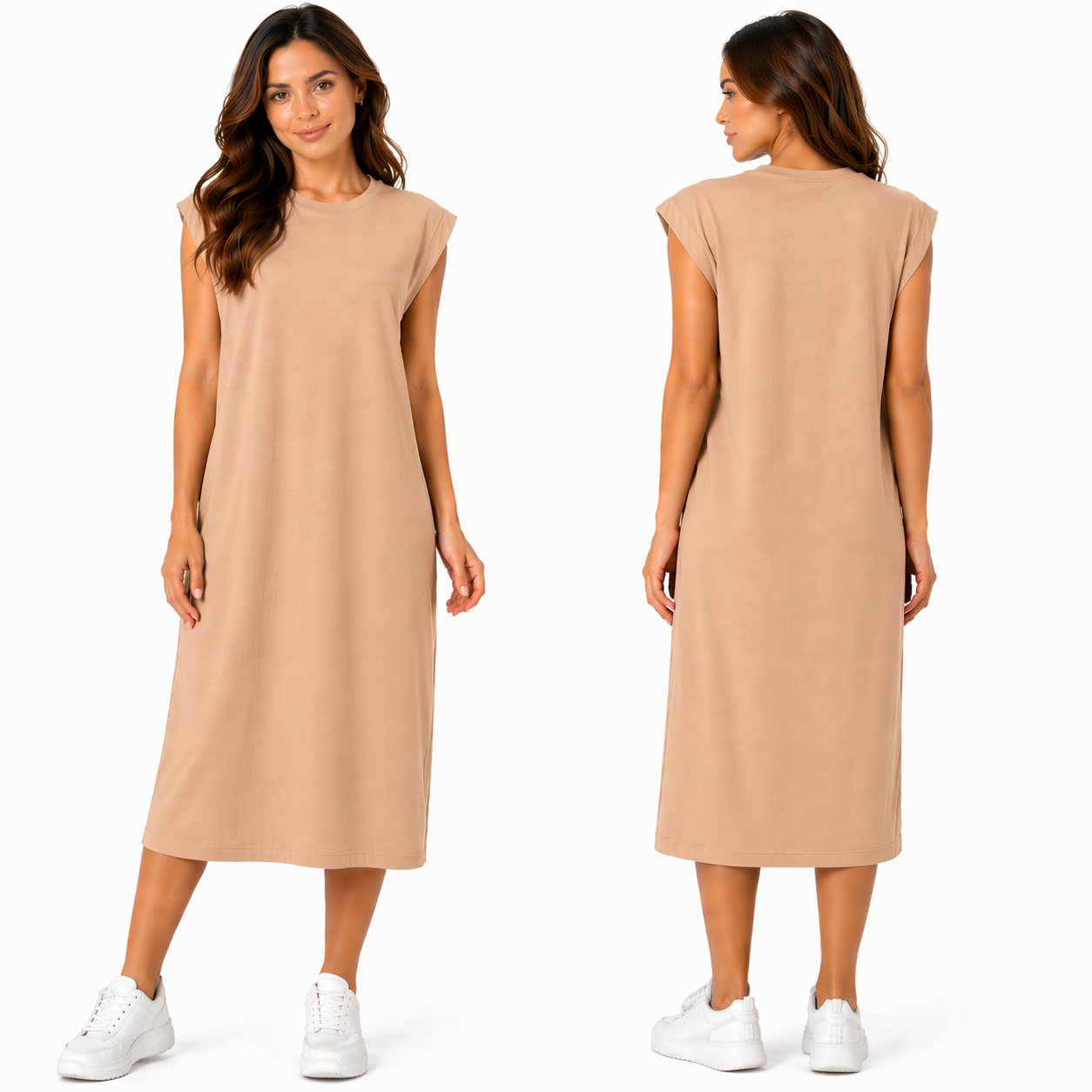 Robe Mi-Longue à Manches Courtes – Multicolore