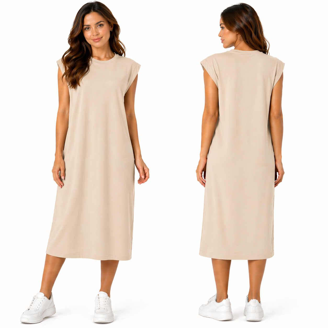 Robe Mi-Longue à Manches Courtes – Multicolore