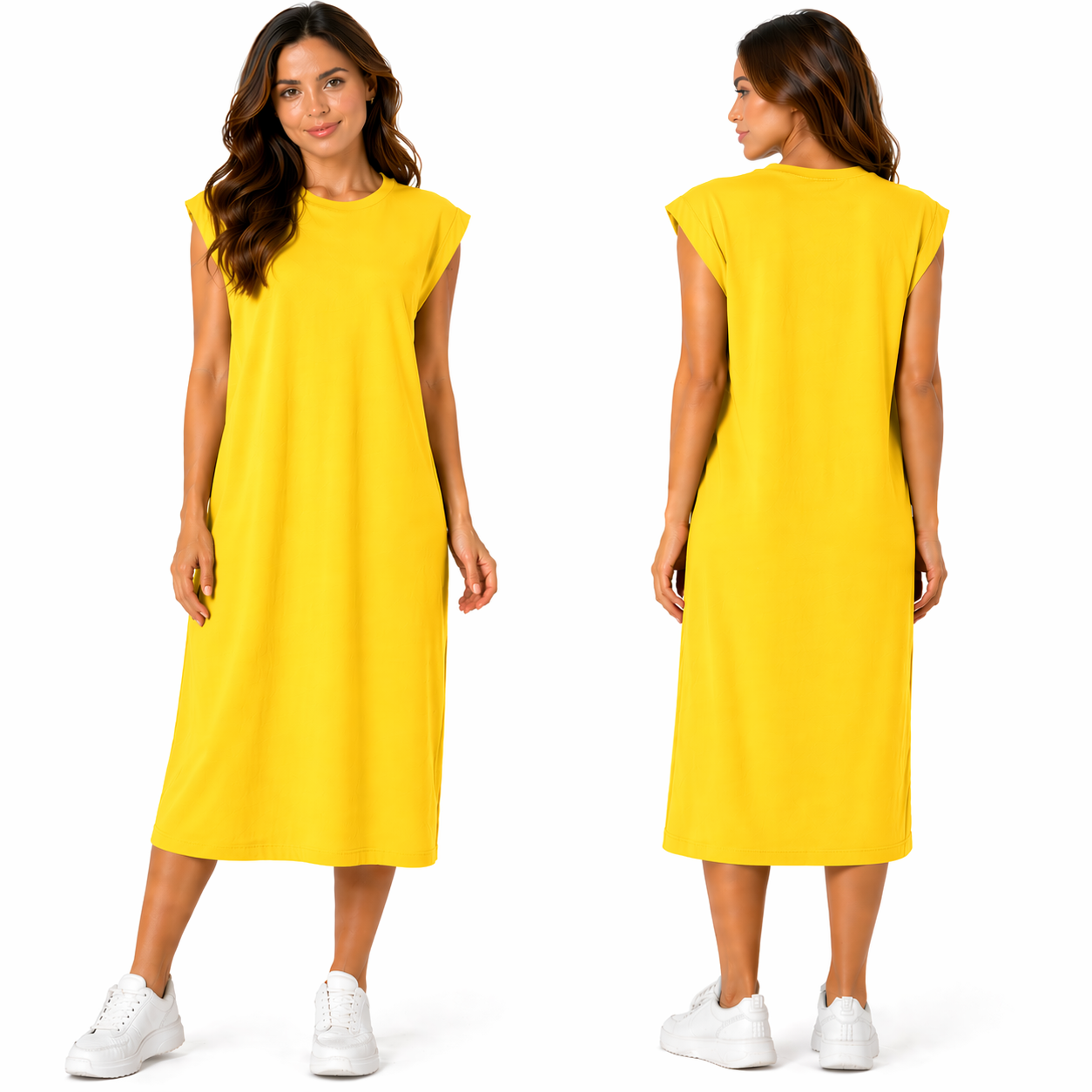 Robe Mi-Longue à Manches Courtes – Multicolore