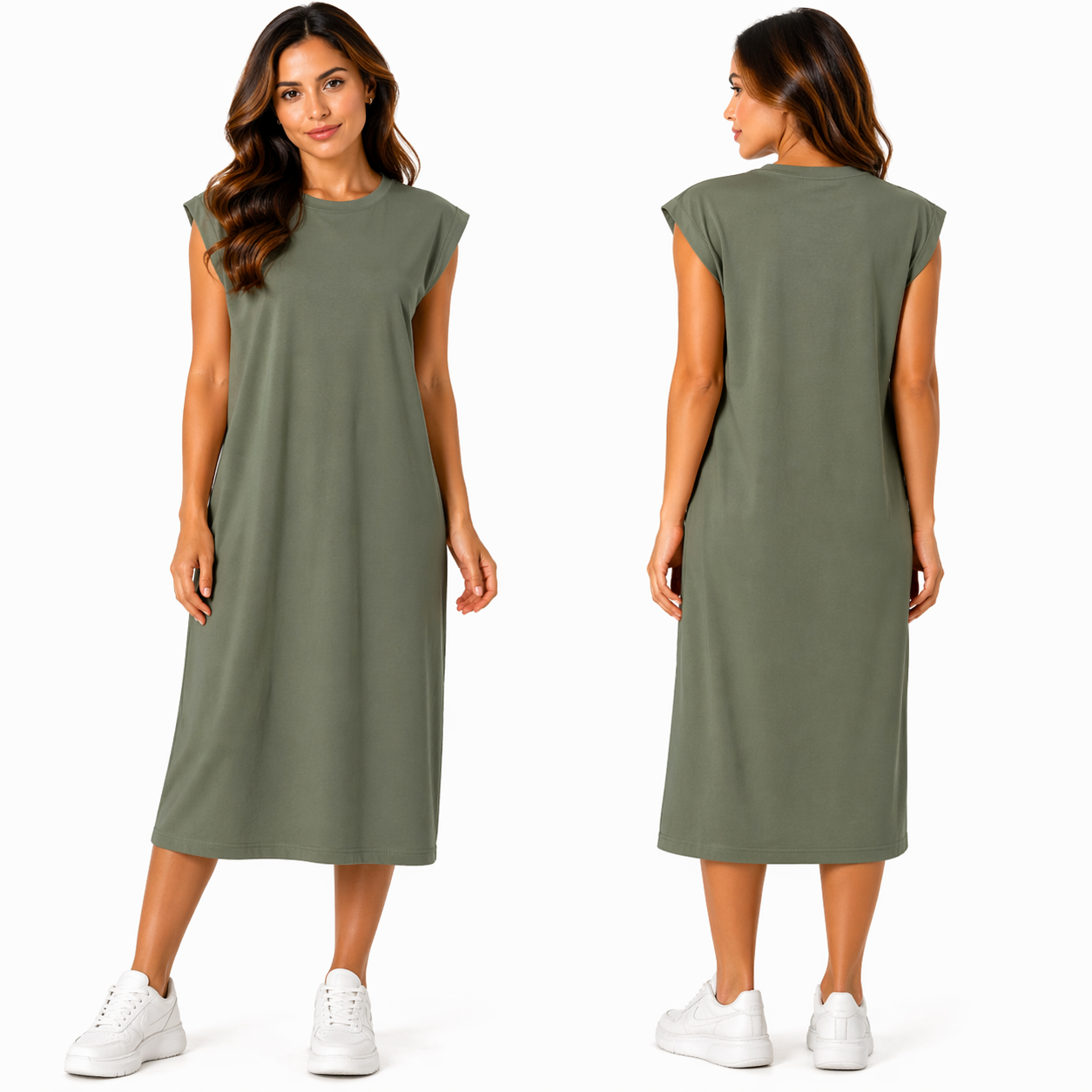 Robe Mi-Longue à Manches Courtes – Multicolore