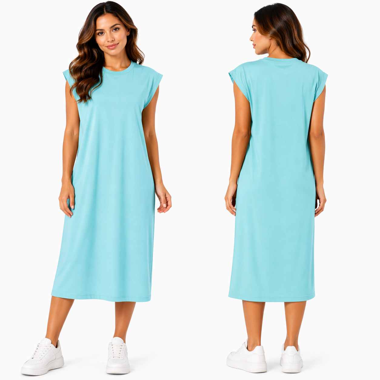 Robe Mi-Longue à Manches Courtes – Multicolore