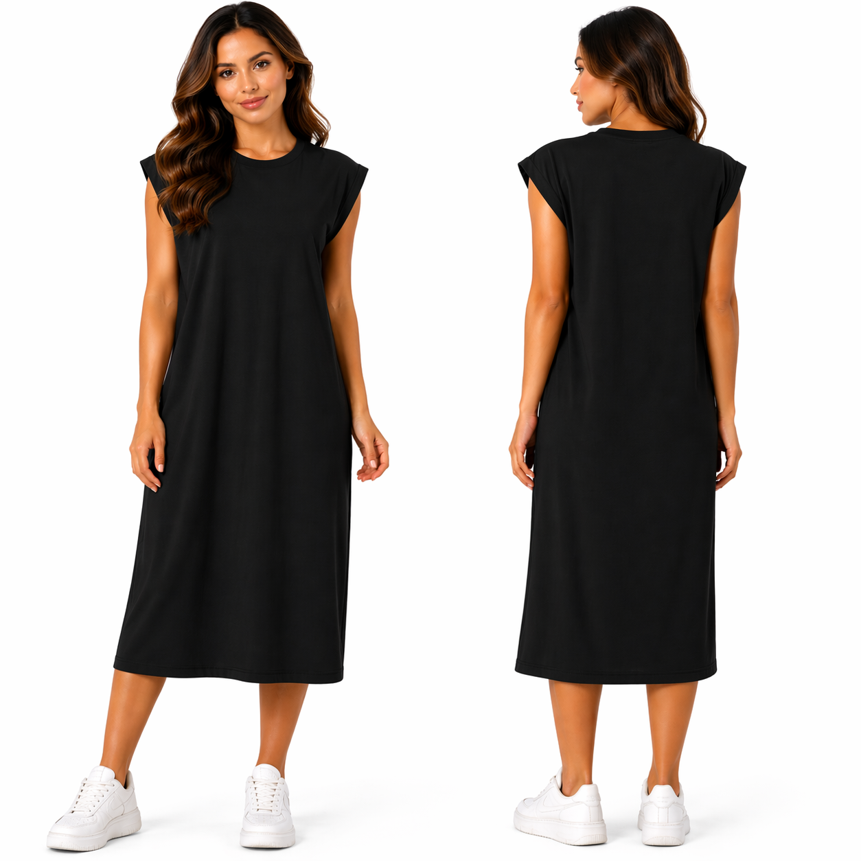 Robe Mi-Longue à Manches Courtes – Multicolore