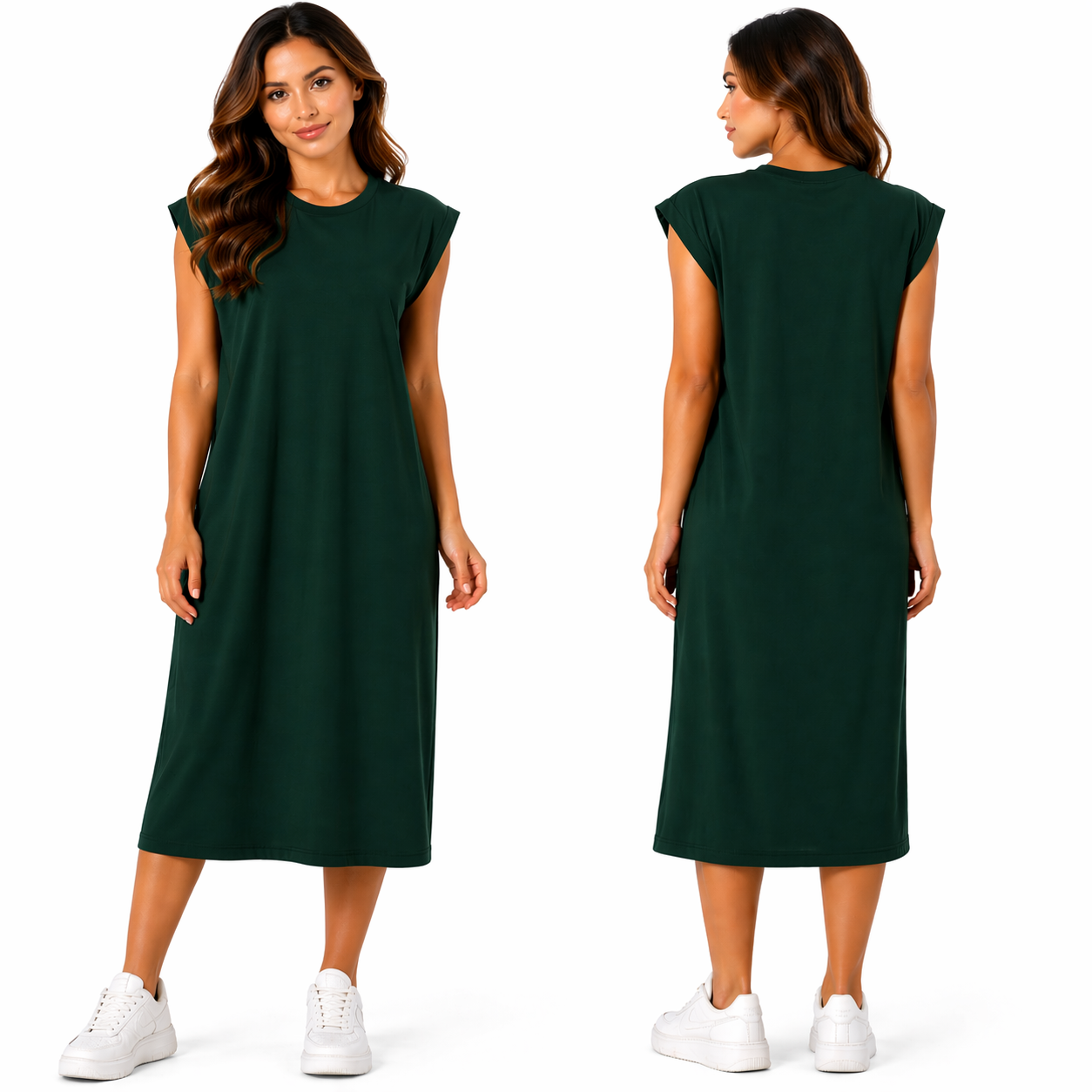 Robe Mi-Longue à Manches Courtes – Multicolore