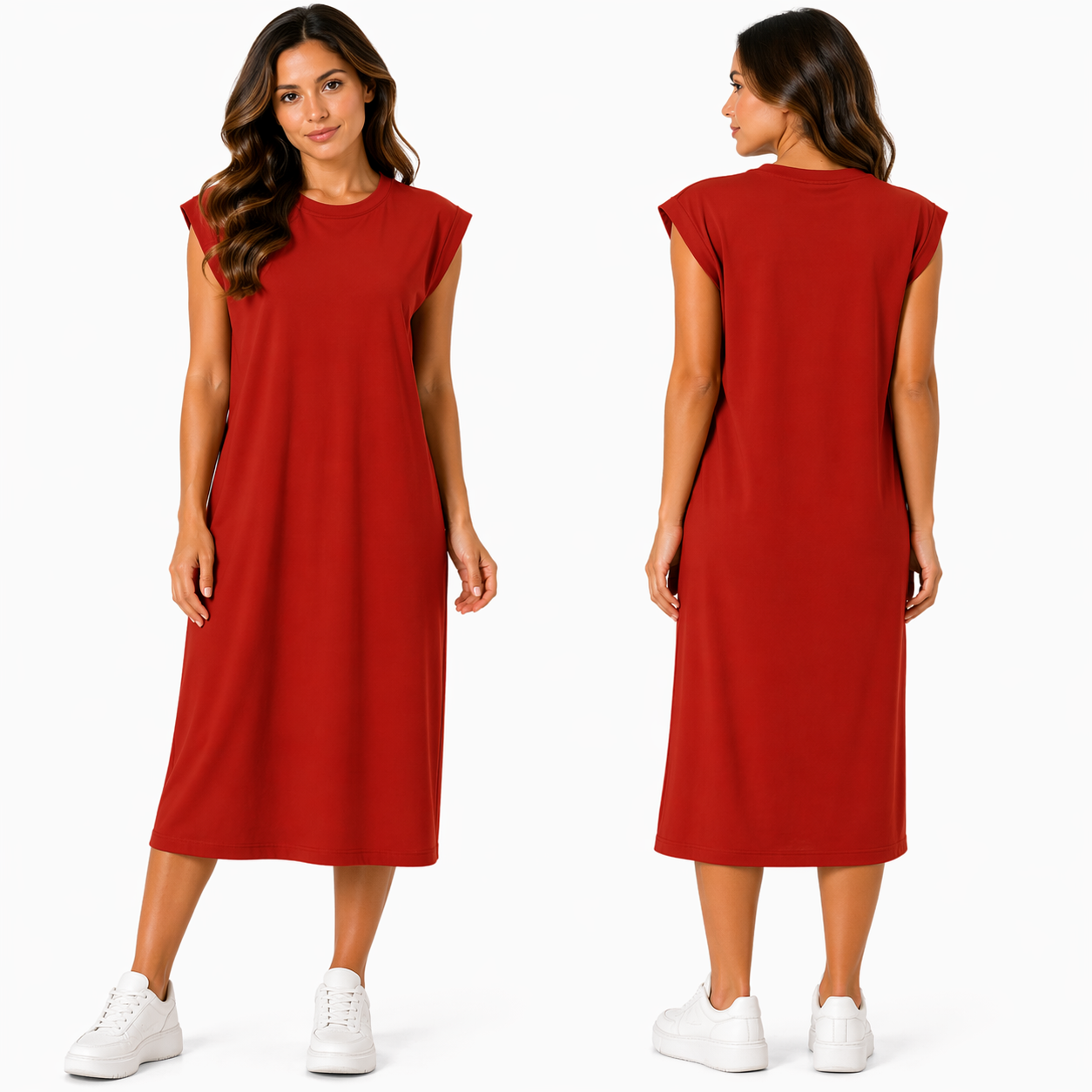 Robe Mi-Longue à Manches Courtes – Multicolore