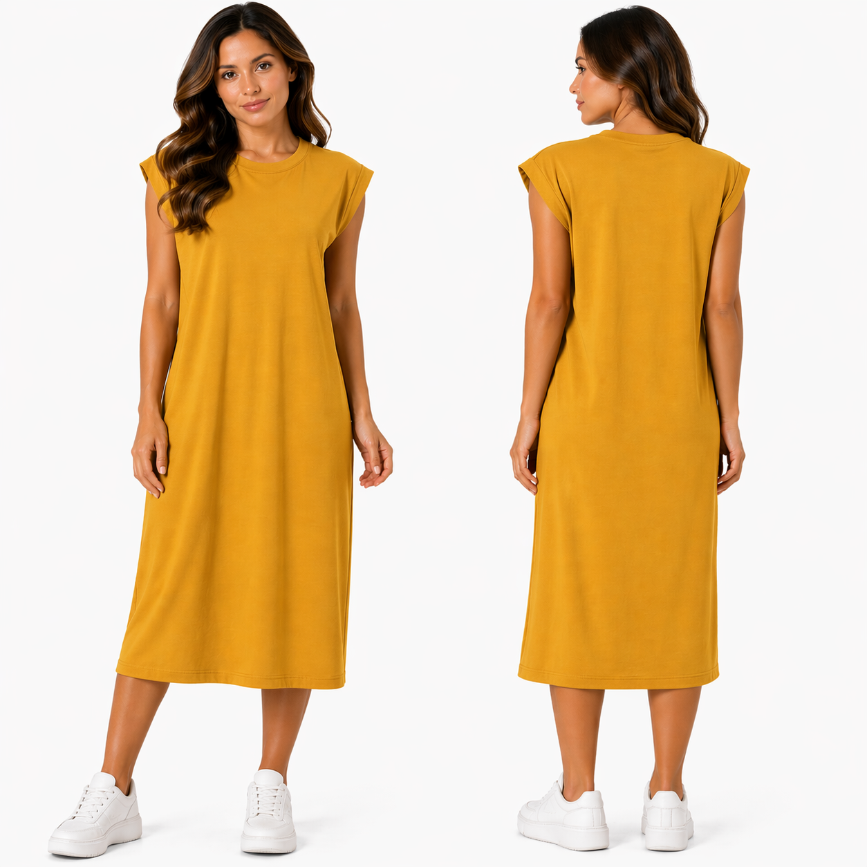 Robe Mi-Longue à Manches Courtes – Multicolore