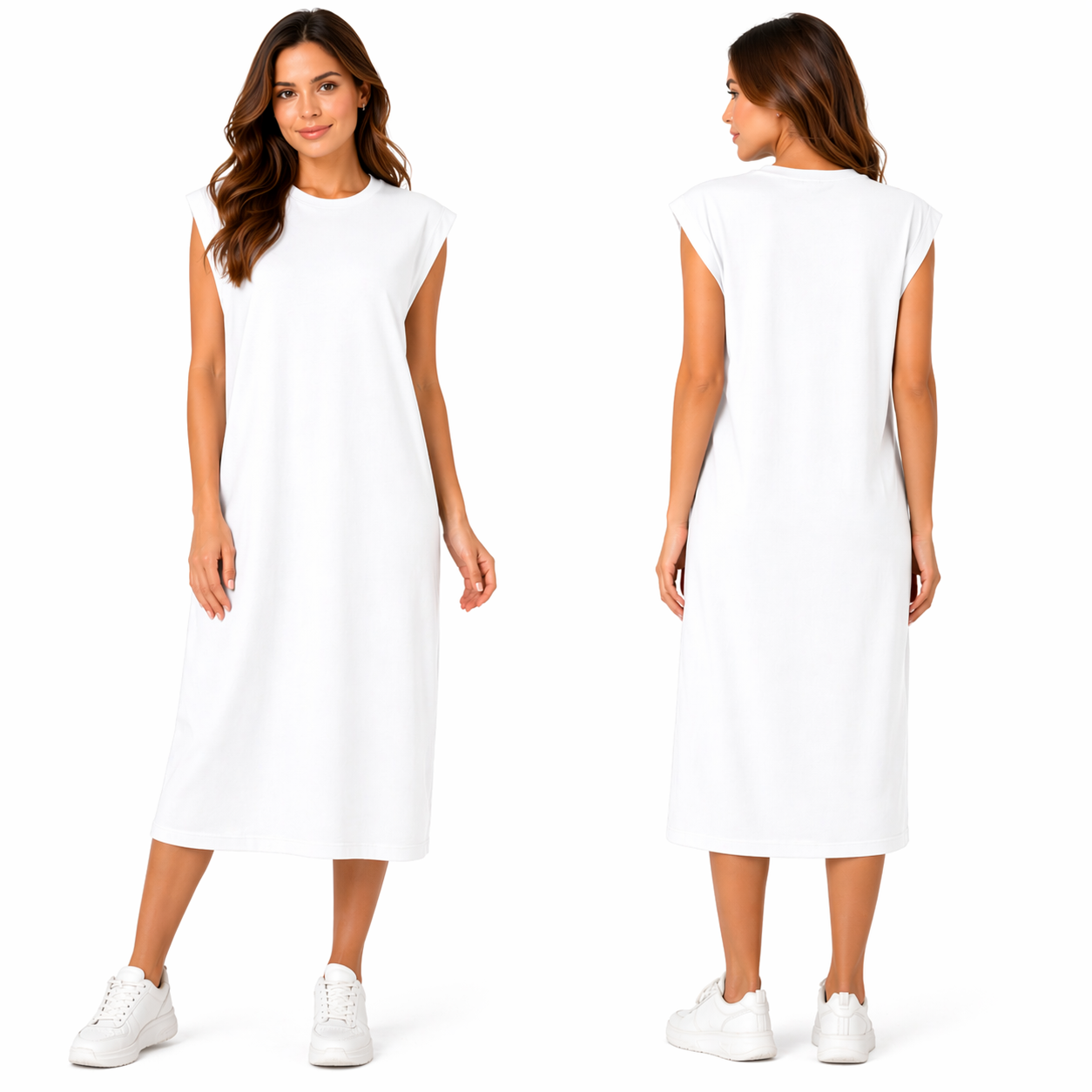 Robe Mi-Longue à Manches Courtes – Multicolore