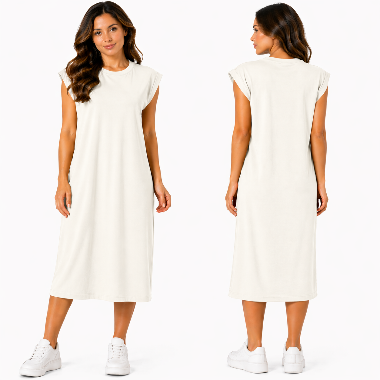 Robe Mi-Longue à Manches Courtes – Multicolore