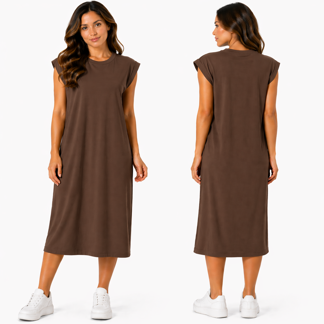 Robe Mi-Longue à Manches Courtes – Multicolore