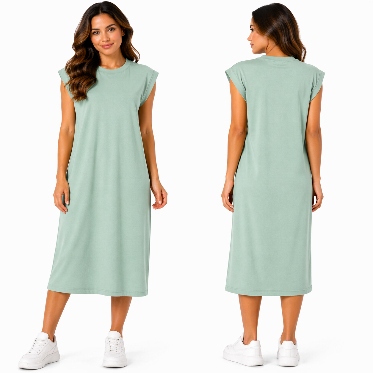 Robe Mi-Longue à Manches Courtes – Multicolore