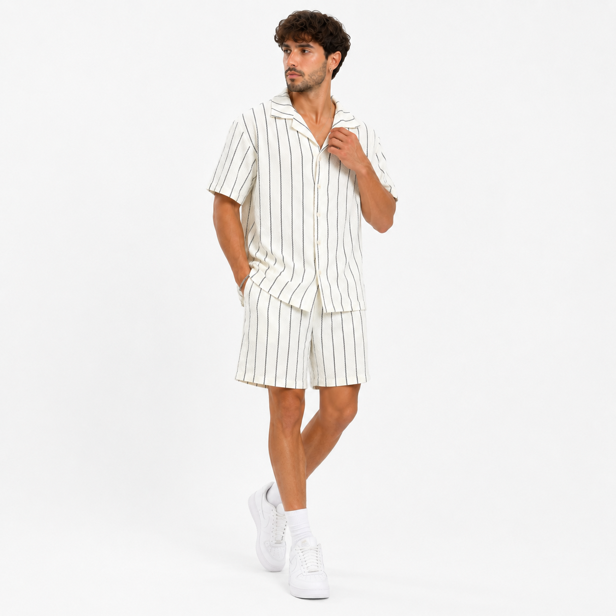 Ensemble homme chemise manches courtes et short rayé beige – Style casual chic été