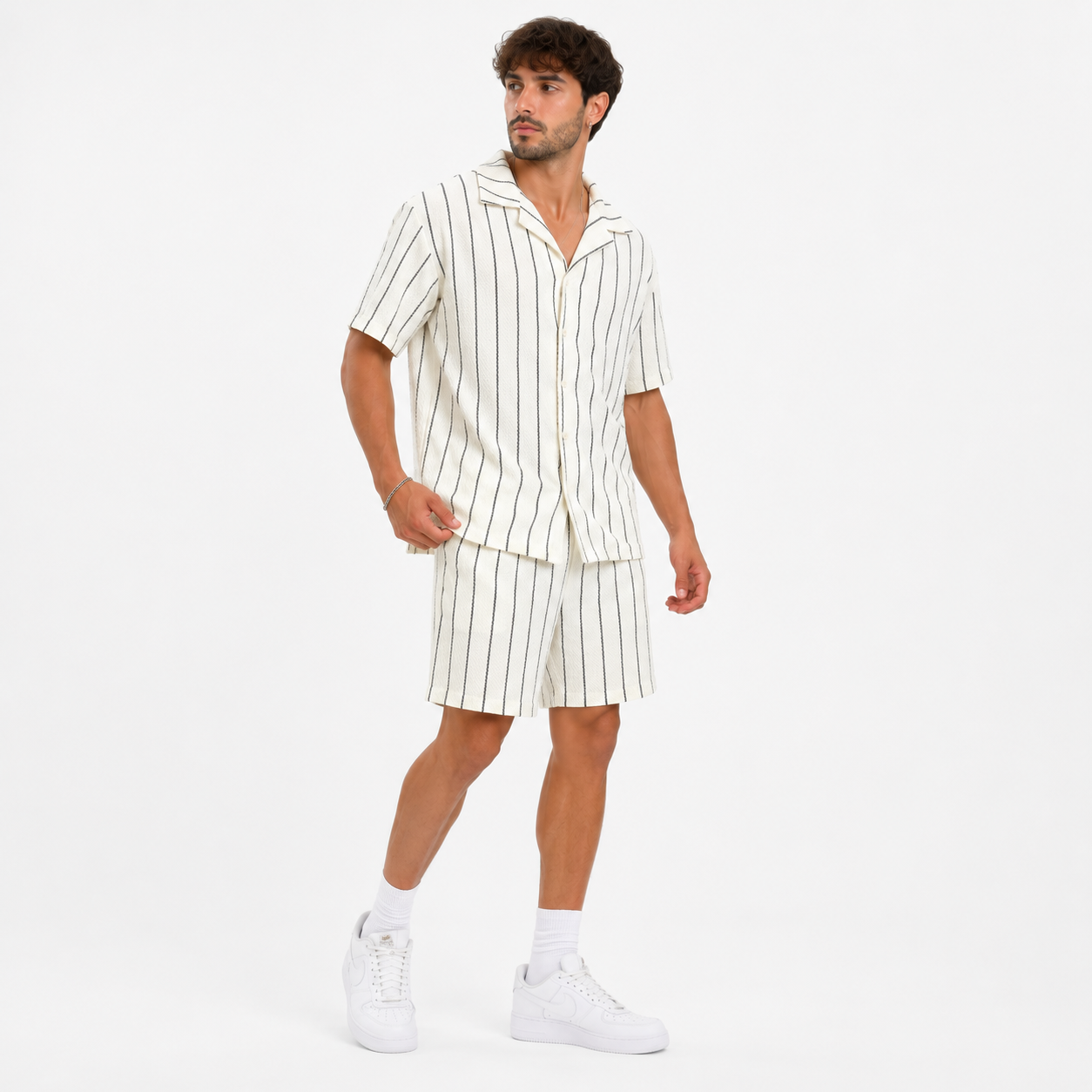 Ensemble homme chemise manches courtes et short rayé beige – Style casual chic été