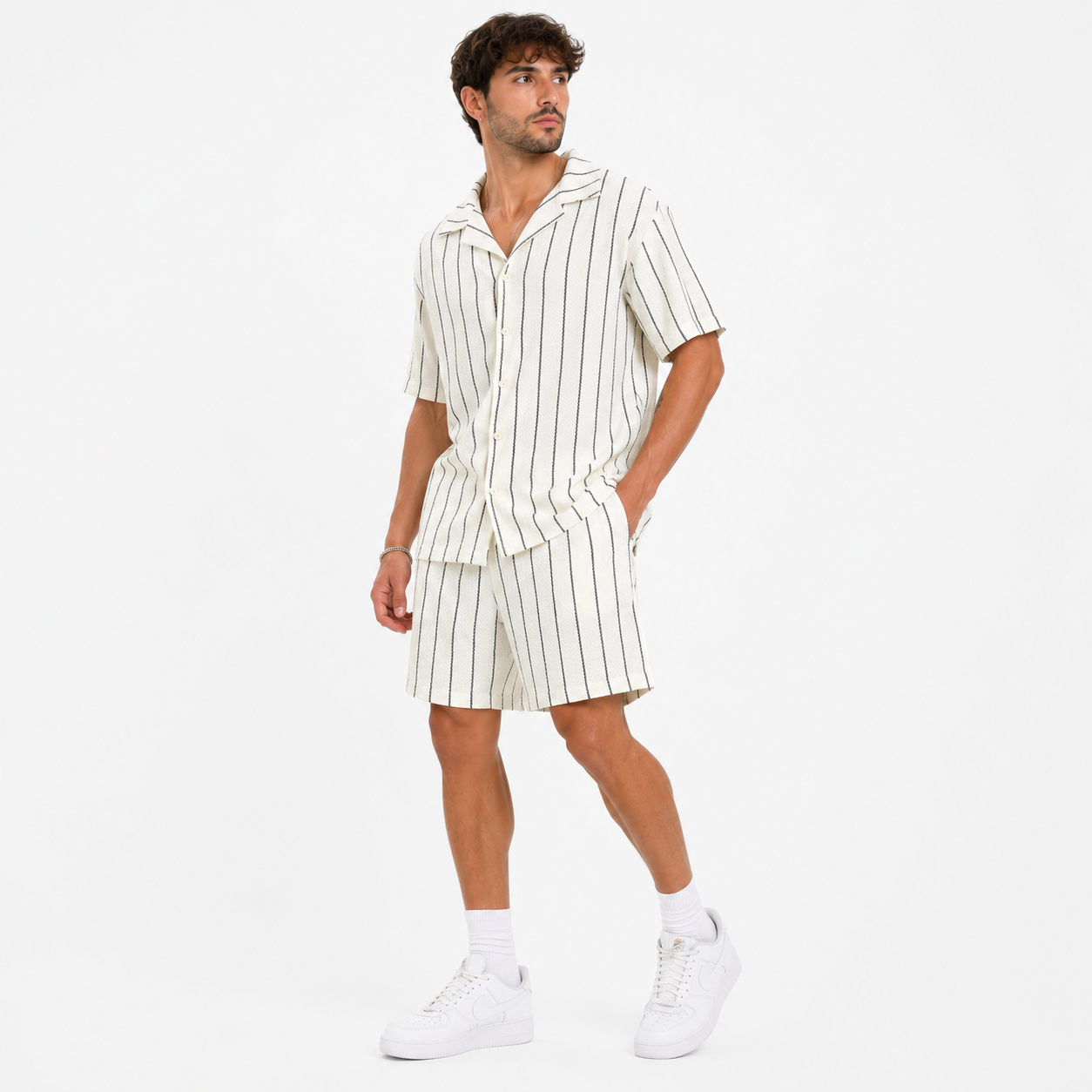 Ensemble homme chemise manches courtes et short rayé beige – Style casual chic été