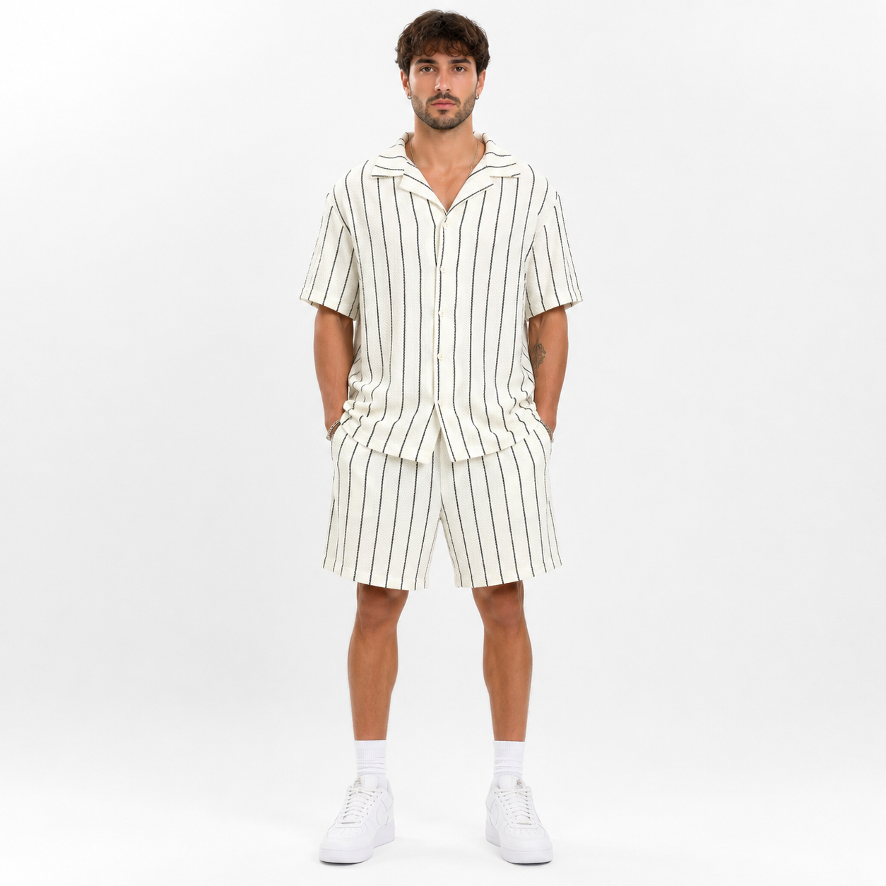 Ensemble homme chemise manches courtes et short rayé beige – Style casual chic été