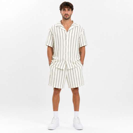 Ensemble homme chemise manches courtes et short rayé beige – Style casual chic été