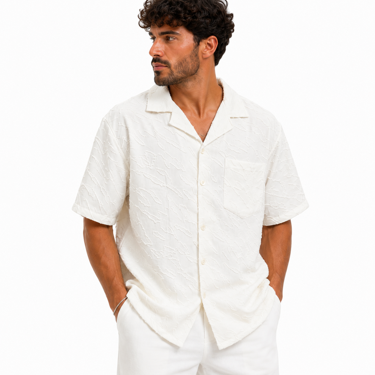 Chemise homme manches courtes texturée blanche – Coupe oversize casual chic été