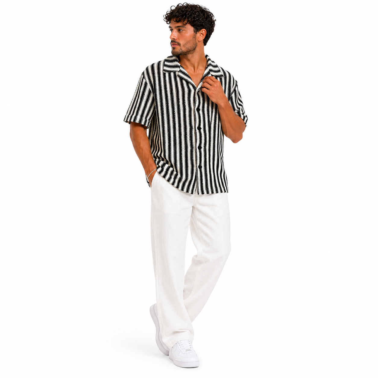 Chemise Homme Manches Courtes – Rayures Noir & Blanc