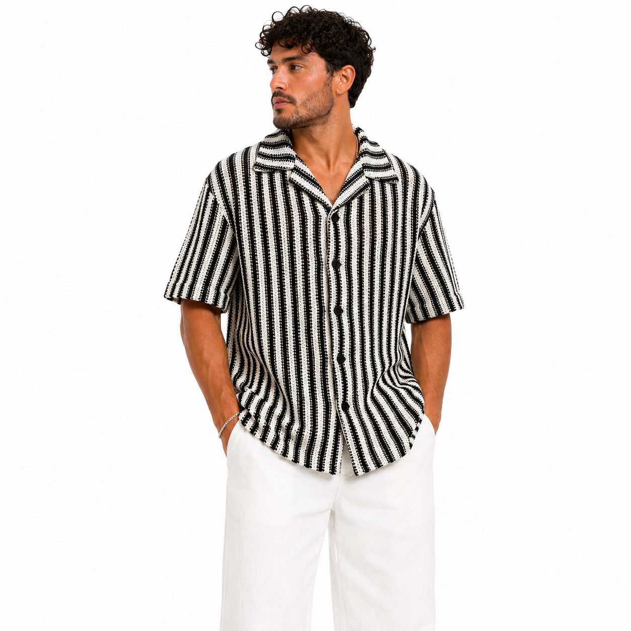 Chemise Homme Manches Courtes – Rayures Noir & Blanc